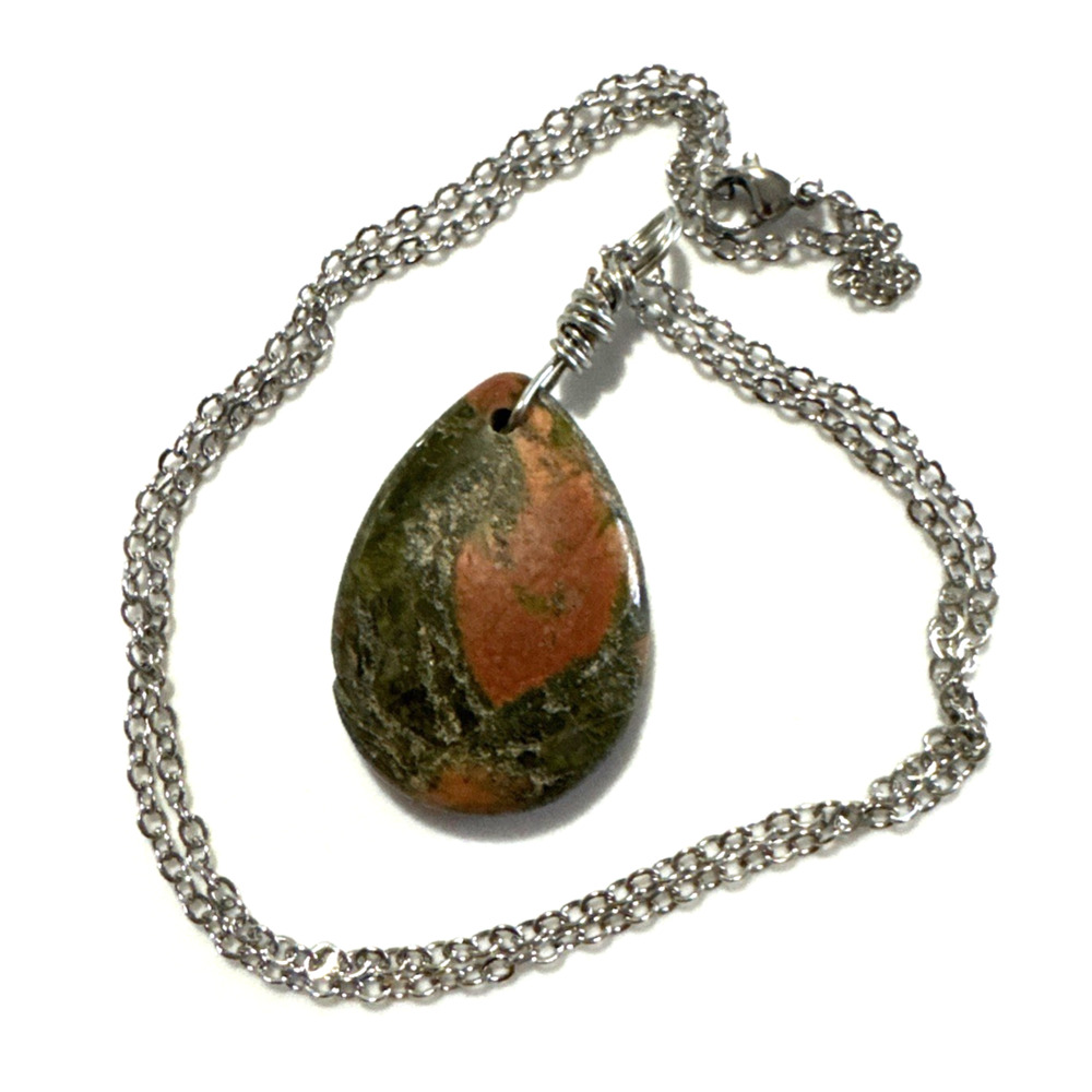 Unakite Cabochon Teardrop Necklace Jewelry Bling Silver Tone Genuine Stone 22"